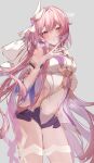  1girl artist_name black_shorts breasts clear_regulus commentary corset diamond-shaped_pupils diamond_(shape) elysia_(herrscher_of_human:_ego)_(honkai_impact) elysia_(honkai_impact) gloves grey_background highres honkai_(series) honkai_impact_3rd long_hair looking_at_viewer medium_breasts micro_shorts pink_hair purple_eyes shorts simple_background solo symbol-only_commentary symbol-shaped_pupils thigh_strap thighs veil very_long_hair white_corset white_gloves white_veil 