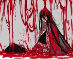  1boy black_hair black_hanfu blood blood_in_hair blood_on_body blood_on_clothes blood_on_face chinese_clothes chinese_commentary closed_mouth coat dao_gui_yi_xian dripping from_side grey_background hair_between_eyes hanfu ji_zai knees_up li_huo_wang_mei_re_ren_he_ren li_huowang limited_palette long_hair long_sleeves looking_at_viewer male_focus official_alternate_hair_length official_alternate_hairstyle open_clothes open_coat partially_submerged pool_of_blood red_coat red_sash red_theme red_water robe sash simple_background sitting solo upper_body very_long_hair watermark weibo_watermark white_eyes 