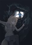  1boy 1girl animal_ear_fluff animal_ears batta_(kanzume_quality) black_hair blonde_hair blue_shirt cave cave_interior climbing commentary_request dark denim denim_shorts facing_viewer fox_ears fox_girl fox_tail fox_wife_(batta_(kanzume_quality)) from_below glasses husband_(batta_(kanzume_quality)) kitsune_no_oyome-chan looking_down paid_reward_available shirt shorts shoulder_strap striped_clothes striped_shirt tail 