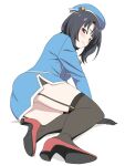  1girl baasaku_(balasaku24) black_gloves black_hair black_skirt black_thighhighs blue_hat blue_jacket garter_straps gloves hat highres jacket kantai_collection looking_at_viewer lying military_uniform on_side pleated_skirt red_eyes red_shoes shoes short_hair simple_background skirt solo takao_(kancolle) thighhighs white_background 