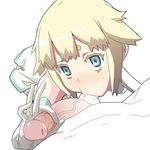  1girl blonde_hair blue_eyes elbow_gloves element_hunters facial_mark forehead_mark gloves hetero juno_(element_hunters) oral penis short_hair solo_focus sucking_testicles watarabe_keiichi 