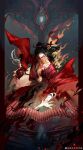  1boy abs absurdres bamboo_slips bandaged_arm bandages black_hair black_hanfu blood blood_on_arm blood_on_bandages blood_on_body blood_on_chest blood_on_clothes blood_on_face blood_on_hands blood_on_neck blood_on_weapon blood_splatter bloodshot_eyes burning chinese_clothes chinese_commentary coat coin coin_mask collarbone colored_smoke covered_mouth dao_gui_yi_xian deep_wound embers fighting_stance fire floating_clothes floating_hair guro hair_bun hair_ribbon half_updo hanfu heart_(organ) highres holding_heart_(organ) holed_coin injury li_huowang long_hair long_sleeves looking_at_viewer male_focus mask mouth_veil one_eye_closed open_clothes open_coat open_hand open_robe pectorals red_coat red_eyes red_ribbon ribbon robe scroll shi_da_da_da_da_ti single_hair_bun smoke solo torn_clothes veil watermark weapon weibo_watermark 