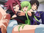  2girls aquamu breast_grab breast_licking breasts c.c. censored code_geass ffm_threesome foreplay grabbing green_hair group_sex handjob headband hetero kallen_stadtfeld large_breasts lelouch_lamperouge licking mosaic_censoring multiple_girls order_of_the_black_knights_uniform penis precum red_hair short_shorts shorts spread_legs thighhighs threesome tongue yamagarasu yellow_eyes 