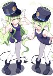  2girls alternate_costume blue_archive blue_boots blue_hat blue_one-piece_swimsuit boots closed_mouth covered_navel demon_girl demon_tail full_body gloves green_hair green_halo halo hat highres hikari_(blue_archive) inakami leaning_forward long_hair multiple_girls nozomi_(blue_archive) one-piece_swimsuit open_mouth pantyhose pantyhose_under_swimsuit peaked_cap pointy_ears school_swimsuit siblings sisters standing swimsuit tail twins twintails very_long_hair wavy_hair white_background white_gloves white_pantyhose yellow_eyes 