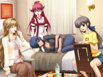  1boy 3girls :d ^_^ blonde_hair blue_hair breasts chair closed_eyes dark-skinned_female dark_skin denim denim_shorts game_cg hair_ribbon jeans kimi_ga_aruji_de_shitsuji_ga_ore_de kiyohara_chiharu large_breasts long_hair lying multiple_girls natose on_side open_mouth otoko_no_ko pants red_hair ribbon shironeko_sanbou shirt short_hair shorts sitting smile soda_bottle surprised talking uesugi_mihato venis yellow_shirt 