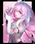  1girl absurdres ashou-gm black_border border breasts commentary corset crystal crystal_flower diamond-shaped_pupils diamond_(shape) elysia_(herrscher_of_human:_ego)_(honkai_impact) elysia_(honkai_impact) gloves hair_ornament highres holding holding_crystal honkai_(series) honkai_impact_3rd long_hair parted_lips pink_background pink_hair purple_eyes solo symbol-only_commentary symbol-shaped_pupils triquetra very_long_hair white_corset white_gloves 