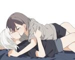  2girls bang_dream! bang_dream!_it&#039;s_mygo!!!!! black_shirt black_shorts blue_shorts blush brown_eyes coldcat. commentary eye_contact french_kiss grey_hair grey_shirt highres kaname_raana kiss looking_at_another lying multiple_girls shirt short_hair short_sleeves shorts simple_background sweatdrop takamatsu_tomori white_background white_hair yellow_eyes yuri 