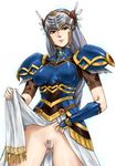  armor armored_dress bad_id bad_pixiv_id blue_armor censored grey_hair gus_(clarkii) helmet lenneth_valkyrie long_hair pubic_hair pussy shoulder_pads skirt skirt_lift solo valkyrie_profile white_background 