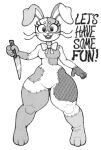 2025 5_fingers anthro bow_(feature) bow_accessory bow_ribbon bow_tie breasts buckteeth curvy_figure dialogue digital_media_(artwork) english_text exclamation_point eyelashes feet female fingers five_nights_at_freddy&#039;s five_nights_at_freddy&#039;s:_security_breach floppy_ears greyscale hi_res hindpaw knife lagomorph leporid looking_at_viewer mammal monochrome multicolored_body nanocorpx patchwork_creature paws rabbit scottgames seam_(sewing) simple_background solo steel_wool_studios teeth text thick_thighs two_tone_body vanny_(fnaf) white_background white_body wide_hips