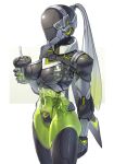  1girl breasts cowboy_shot crotch_plate cup grey_hair hakidashi_11 high_ponytail holding holding_cup long_hair medium_breasts phantasy_star phantasy_star_online_2 ponytail robot_girl see-through_body simple_background solo white_background 