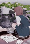  1girl blue_vest bolt_(hardware) box brown_hair brown_slippers commentary_request engine flower gloves highres motor_oil motor_vehicle motorcycle original plant pleated_skirt short_sleeves skirt slippers solo squatting sukabu tissue unworn_gloves vest white_flower white_gloves wrench 