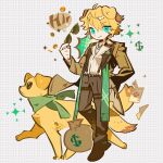 1boy ahoge animal animal_ears arknights belt blonde_hair blue_eyes brown_jacket brown_pants brown_shoes card collared_shirt dog_boy dog_ears dog_nose dog_tags dog_tail green_scarf green_socks hair_between_eyes halftone hand_in_pocket hand_up highres holding holding_removed_eyewear jacket jewelry krion87298356 male_focus messy_hair money money_bag necklace pants playing_card scarf shirt shoes smile socks sparkle speech_bubble sunglasses suspenders tail tequila_(arknights) tequila_(cardwinner)_(arknights) thick_eyebrows thigh_strap unworn_eyewear white_background 