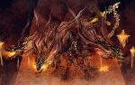  1other absurdres calligraphy_brush_(medium) cerberus chain deadpool_yuchan elden_ring elden_ring_nightreign gladius_(elden_ring) glowing glowing_eyes glowing_mouth highres monster multiple_heads no_humans sharp_teeth snout teeth yellow_eyes 