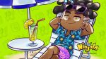  1boy alternate_costume animal_print arms_behind_back asymmetrical_hair beach beach_chair beach_umbrella black_hair blue_shirt blue_sleeves blue_umbrella character_background child collared_shirt copyright_name copyright_notice crossed_legs cup dreadlocks drink drinking_glass english_commentary english_text food fruit gumchi gungho halftone halftone_background hawaiian_shirt kinky_hair leaf_print lemon lemon_slice lemonade looking_up lying ninjala official_alternate_costume on_back on_chair polka_dot polka_dot_background print_shirt print_shorts purple-framed_eyewear purple_shorts rianti-wong ron_(ninjala) sand second-party_source shirt short_sleeves shorts shuriken sidecut simple_background smile solo split_mouth star_(symbol) star_print summer sunglasses table thick_eyebrows turtle_print two-tone_umbrella umbrella undercut weapon web_address white_umbrella yellow_eyes yellow_pupils 