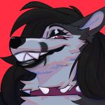 anthro black_eyeshadow black_hair black_lips black_nose bright_colors canid canine collar eyelashes eyeshadow fangs female fur glistening_eyelids grey_body grey_fur grinning_at_viewer hair headshot_portrait hi_res lips long_hair looking_at_viewer makeup mammal neon portrait purple_eyes red_background sharp_teeth simple_background smile solo spiked_collar spikes teeth thick_bottom_lip wolfwireless
