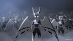  6+girls absurdres angel_(hazbin_hotel) artist_name black_dress black_halo black_pants dress elbow_gloves gloves glowing glowing_eyes gradient_background grey_background grimmie02 halo hazbin_hotel helm helmet highres horns lute_(hazbin_hotel) multiple_girls pants short_dress thighhighs watermark white_gloves white_thighhighs wings 