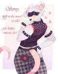 2025 absurd_res anthro belt black_body black_clothing black_fur black_nose black_topwear black_vest bottomwear bracelet checkered checkered_clothing clothing cy_the_rat demongirl_demoness dialogue digital_drawing_(artwork) digital_media_(artwork) ear_piercing fan_character fur green_eyes grey_body grey_fur hand_on_hip hi_res industrial_piercing jewelry laugh male mammal multicolored_body multicolored_fur murid murine pants pattern_clothing piercing pink_tail rat red_piercing rodent sega solo sonic_the_hedgehog_(series) spiked_bracelet spikes standing tail tan_body tan_fur tongue tongue_out topwear vest