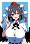  1girl absurdres black_bow black_hair black_wings blue_background bow breasts collared_shirt hat highres large_breasts light_blush open_mouth pointy_ears red_eyes shameimaru_aya shirt short_hair smile solo ssaf_seibeupail tokin_hat touhou upper_body v white_shirt wings 