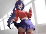  1girl arc2urus blue_eyes blue_hair blue_skirt commentary crazy_mita_(miside) cropped_shirt fangs flower_hairtie hairband highres long_hair looking_at_viewer low_twintails midriff miniskirt miside mita_(miside) open_mouth pleated_skirt red_hairband red_shirt red_thighhighs shirt skirt skirt_hold smile solo thighhighs twintails zettai_ryouiki 