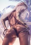  1girl 3d ass blender_(medium) bodystocking commentary english_commentary eyelashes from_behind hands_on_own_ass highres long_hair looking_back median_furrow nier_(series) nier_reincarnation outdoors seven_(sixplusone) solo standing sunglasses white_hair yurie_(nier) 