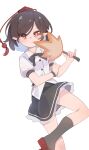  1girl absurdres black_hair black_ribbon black_skirt black_socks closed_mouth collared_shirt frilled_skirt frills gumingdi_ban hand_fan hat hauchiwa highres holding holding_fan looking_at_viewer neck_ribbon pointy_ears pom_pom_(clothes) puffy_short_sleeves puffy_sleeves red_eyes red_hat ribbon shameimaru_aya shirt short_hair short_sleeves simple_background skirt socks solo tokin_hat touhou white_background white_shirt 