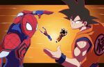 2boys arc_system_works black_eyes black_hair blue_bodysuit blue_sash blue_shirt bodysuit creator_connection crossover dougi dragon_ball dragon_ball_fighterz game_screenshot_inset highres imminent_hand_holding marvel marvel_tokon:_fighting_souls marvel_vs._capcom medium_hair multiple_boys open_hand orange_shirt red_bodysuit sash shirt shotwilly son_goku spider-man spider-man_(series) spiked_hair x-men_vs._street_fighter 
