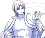  1boy commentary commentary_request fishnets gintama holding holding_smoking_pipe key_frame kimono_on_shoulders kiseru looking_to_the_side male_focus monochrome scar scar_on_face scar_on_forehead shirt short_hair smile smoke smoking smoking_pipe solo tsukiyu_(gintama) tsukuyo_(gintama) unfinished upper_body white_background yutaro_kida 