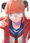  1girl :t adjusting_eyewear bespectacled blue_eyes blue_sailor_collar bun_cover collarbone commentary commentary_request double_bun gintama glasses hair_bun hand_on_own_hip jacket kagura_(gintama) long_sleeves looking_at_viewer neckerchief official_alternate_costume open_clothes open_jacket orange_hair pout red_jacket red_neckerchief rimless_eyewear round_eyewear sailor_collar school_uniform seppuku009 serafuku short_hair solo track_jacket upper_body white_background white_stripes 