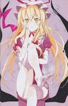  absurdres blonde_hair crossed_legs cum cum_on_body cum_on_lower_body feet garter_straps gloves hat highres legs long_hair non-web_source oouso pov_feet ribbon scan scan_artifacts sitting smile solo thighhighs touhou white_gloves white_legwear yakumo_yukari yellow_eyes 