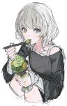  1girl bang_dream! bang_dream!_it&#039;s_mygo!!!!! blue_eyes commentary_request eating heterochromia highres hiyokoda holding holding_spoon ice_cream_spoon kaname_raana korean_commentary matcha_parfait short_hair simple_background sketch solo spoon white_background white_hair wolf_cut yellow_eyes 