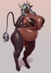 anthro areola belly big_belly big_breasts black_areola black_nipples bovid bovine breasts brown_body cattle cloven_hooves eyebrow_through_hair eyebrows female fingers full-length_portrait green_eyes grey_hair hair hi_res holding_breast hooves horn huge_breasts long_hair mammal navel nipples nude odisia portrait pregnant pregnant_anthro pregnant_female solo standing tail thick_thighs translucent translucent_hair