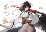  absurdres allcy49 black_hair denkou_choujin_gridman detached_sleeves hat highres holding holding_sword holding_weapon japanese_clothes kimono kourindou_tengu_costume leaf maple_leaf obijime pelvic_curtain red_eyes sash shameimaru_aya side_slit sword thighs tokin_hat touhou weapon white_kimono 