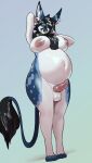 4_toes animal_genitalia animal_penis anthro areola belly big_belly big_breasts biped black_hair blue_body blue_fur breasts canid canine canine_genitalia canine_penis collar erection feet full-length_portrait fur genitals green_eyes gynomorph hair hands_behind_head hi_res intersex knot long_hair mammal multicolored_body multicolored_fur nipples nude odisia penis portrait pregnant pregnant_anthro pregnant_gynomorph pregnant_intersex solo standing thick_thighs toes viridian_dawn white_body white_fur