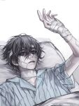  1boy absurdres alternate_universe arm_up bags_under_eyes bandaged_hand bandaged_head bandaged_neck bandaged_wrist bandages bandaid bandaid_on_arm bandaid_on_cheek bandaid_on_face bed black_eyes black_hair blanket blue_shirt chinese_commentary closed_mouth collared_shirt dao_gui_yi_xian hair_between_eyes hand_up highres hospital_bed hospital_gown jiu_shi_jiu_ci_ming_zhong_zhu_ding li_huowang li_huowang_(modern_world) looking_up lying male_focus messy_hair official_alternate_costume official_alternate_hair_length official_alternate_hairstyle on_back on_bed pale_skin pillow scar scar_on_face shirt short_hair short_sleeves simple_background solo striped_clothes striped_shirt under_covers upper_body vertical-striped_clothes vertical-striped_shirt watermark weibo_watermark white_background 