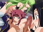  3girls aquamu black_hair blush breasts c.c. censored circlet code_geass cunnilingus green_hair group_sex handjob headband hetero kallen_stadtfeld large_breasts lelouch_lamperouge multiple_girls nude oral penis red_hair sumeragi_kaguya thighhighs yamagarasu yellow_eyes 