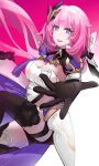  1girl absurdres ashou-gm black_boots black_gloves black_shorts boots breasts cape chinese_commentary cleavage commentary_request corset elf elysia_(honkai_impact) elysia_(miss_pink_elf)_(honkai_impact) gloves hair_ornament highres honkai_(series) honkai_impact_3rd large_breasts long_hair parted_lips pink_hair pointy_ears reaching reaching_towards_viewer shorts smile solo thigh_boots thighs white_corset 