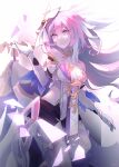  1girl absurdres ashou-gm black_shorts breasts cleavage commentary corset diamond-shaped_pupils diamond_(shape) elysia_(herrscher_of_human:_ego)_(honkai_impact) elysia_(honkai_impact) gloves highres honkai_(series) honkai_impact_3rd large_breasts long_hair pink_hair purple_eyes short_shorts shorts smile solo symbol-only_commentary symbol-shaped_pupils triquetra veil very_long_hair white_corset white_gloves white_veil 