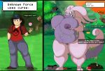  2019 annoyed anthro before_and_after big_breasts black_hair breast_growth breasts clenched_teeth clothed clothing dialogue duo female footwear gender_transformation goodra growth gui hair hand_on_breast huge_breasts human human_to_anthro jeans male mammal mtf_transformation nintendo nipples nude outside pants pok&eacute;mon pok&eacute;mon_(species) pussy shirt shoes slightly_chubby slime smile solo_focus standing teeth theawesomefoxguy transformation tree video_games weight_gain wide_hips 