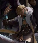  1boy arms_up aventurine_(honkai:_star_rail) belt black_belt black_coat blonde_hair blue_gemstone bracelet cleavage_cutout clothing_cutout coat commentary earrings fur-trimmed_coat fur_trim gem hashtag-only_commentary highres honkai:_star_rail honkai_(series) jewelry k9mi looking_ahead male_focus midriff_peek open_mouth pants piercing short_hair sitting sleeve_cuffs solo teeth tongue twitter_username wanted_poster white_fur white_pants yellow_eyes 