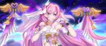  1girl absurdres bare_shoulders bell breasts commentary corset diamond-shaped_pupils diamond_(shape) elysia_(herrscher_of_human:_ego)_(honkai_impact) elysia_(honkai_impact) gloves highres honkai_(series) honkai_impact_3rd long_hair looking_at_viewer meapchan pink_hair purple_eyes sky smile solo star_(sky) starry_sky symbol-shaped_pupils triquetra upper_body veil very_long_hair white_corset white_gloves white_veil 
