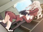  2girls against_bookshelf black_hair black_legwear blonde_hair blue_eyes blush censored clothes_lift cunnilingus curtains dutch_angle from_side game_cg hands_on_another's_head indoors kani_biimu kawamura_reo kneehighs kneeling library lifting_another's_clothes long_hair long_sleeves looking_at_another looking_down mary_janes medium_hair miniskirt mosaic_censoring multiple_girls oral panties pink_panties pussy_juice red_eyes red_skirt sawaguchi_mai school_uniform shoes skirt skirt_lift socks sono_hanabira_ni_kuchizuke_wo st._michael's_school_uniform standing standing_cunnilingus thighhighs tiptoes underwear wavy_hair white_footwear yuri 