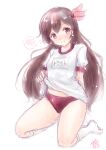  1girl brown_eyes brown_hair buruma gym_shirt gym_uniform hair_ornament kantai_collection kisaragi_(kancolle) kneeling koshigaya_tatsumi long_hair looking_at_viewer one-hour_drawing_challenge red_buruma shirt shirt_hold socks solo t-shirt white_shirt white_socks 