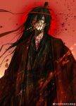  1boy absurdres black_hair black_hanfu blood blood_on_body blood_on_clothes blood_on_neck blood_splatter blood_spray chinese_clothes chinese_commentary coat coin coin_mask cuts dao_gui_yi_xian empty_eyes floating_hair grey_eyes hair_between_eyes hair_bun hair_ribbon hanfu highres holed_coin injury li_huowang long_hair looking_at_viewer male_focus mask mouth_veil open_clothes open_coat parted_lips red_background red_coat red_ribbon red_theme ribbon robe seal_impression single_hair_bun solo veil watermark weibo_watermark xiao_zhang_li_zheng 