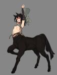  1girl absurdres animal_ear_piercing animal_ears belt book breasts brown_belt centaur covered_nipples eyebrow_piercing face_piercing grey_arm_warmers grey_background grey_hat hat highres hooves horse_ears horse_tail monster_girl navel navel_piercing one_eye_closed original pentagram pentagram_tattoo piercing small_breasts solo stretching tail taur todding wizard_hat yawning 