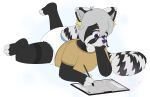 1:1 absurd_res ailurid anthro black_body black_fur brown_clothing brown_shirt brown_topwear clean_diaper clothed clothing d._azimi_(fennecat) dead_eyes diaper facial_scar fennecat fur grey_hair hair hi_res holding_object holding_tablet_pen male mammal markings monochrome_body purple_eyes purple_nose red_panda scar shirt solo spotted_ears tablet topwear tuft watermark wearing_diaper white_markings yellow_tuft
