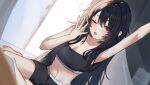  1girl air_bubble arm_up black_bra black_hair black_shorts blush bra breasts bubble cleavage collarbone commentary dutch_angle hashtag-only_commentary highres iris_black_games kisaragi_ren_(vtuber) long_hair medium_breasts official_alternate_hair_length official_alternate_hairstyle open_mouth red_eyes ringozeri shorts sidelocks sitting solo swept_bangs symbol-only_commentary teeth training_bra underwear upper_teeth_only very_long_hair virtual_youtuber vspo! window yawning 