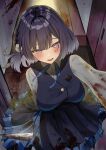  1girl absurdres blood blood_on_clothes blood_on_face blood_on_knife blood_splatter blue_overskirt blue_ribbon blue_skirt blue_vest blush bob_cut breasts commentary_request doorway gakuen_idolmaster hataya_misuzu hatsuboshi_gakuen_school_uniform highres holding holding_knife idolmaster kitchen_knife knife medium_breasts neck_ribbon pov_doorway purple_eyes purple_hair ribbon school_uniform shirt short_hair skirt skirt_set smile solo vest white_shirt yandere yukarigaoka 
