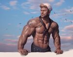  1boy abs arm_tattoo bara black_pants blonde_hair chest_tattoo closed_mouth cloud day facial_hair hat large_pectorals male_focus muscular muscular_male navel nipples original outdoors pants pectorals sailor sailor_collar sailor_hat short_hair silverjow sky smile solo tattoo 
