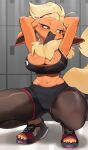  1girl absurdres animal_ears armpits arms_behind_head black_sclera black_shorts body_fur breasts brown_pantyhose cellphone claws cleavage colored_sclera fang flareon furry furry_female highres large_breasts looking_at_viewer midriff mouth_hold navel no_pupils orange_fur pantyhose phone pokemon short_hair shorts solo sports_bra squatting sweat tail toes white_eyes yuio58ok 