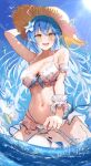  1girl :d absurdres arm_up bikini blue_hair blue_nails blue_sky blush breasts cleavage cloud commentary daifuku_(yukihana_lamy) day elf floating_hair flower frilled_bikini frills hair_between_eyes hair_flower hair_ornament hat highres hololive large_breasts lens_flare long_hair mugiusagi nail_polish navel outdoors pointy_ears revision sky smile solo stomach straw_hat swimsuit virtual_youtuber water wet white_bikini white_flower wrist_cuffs yellow_eyes yukihana_lamy yukimin_(yukihana_lamy) 